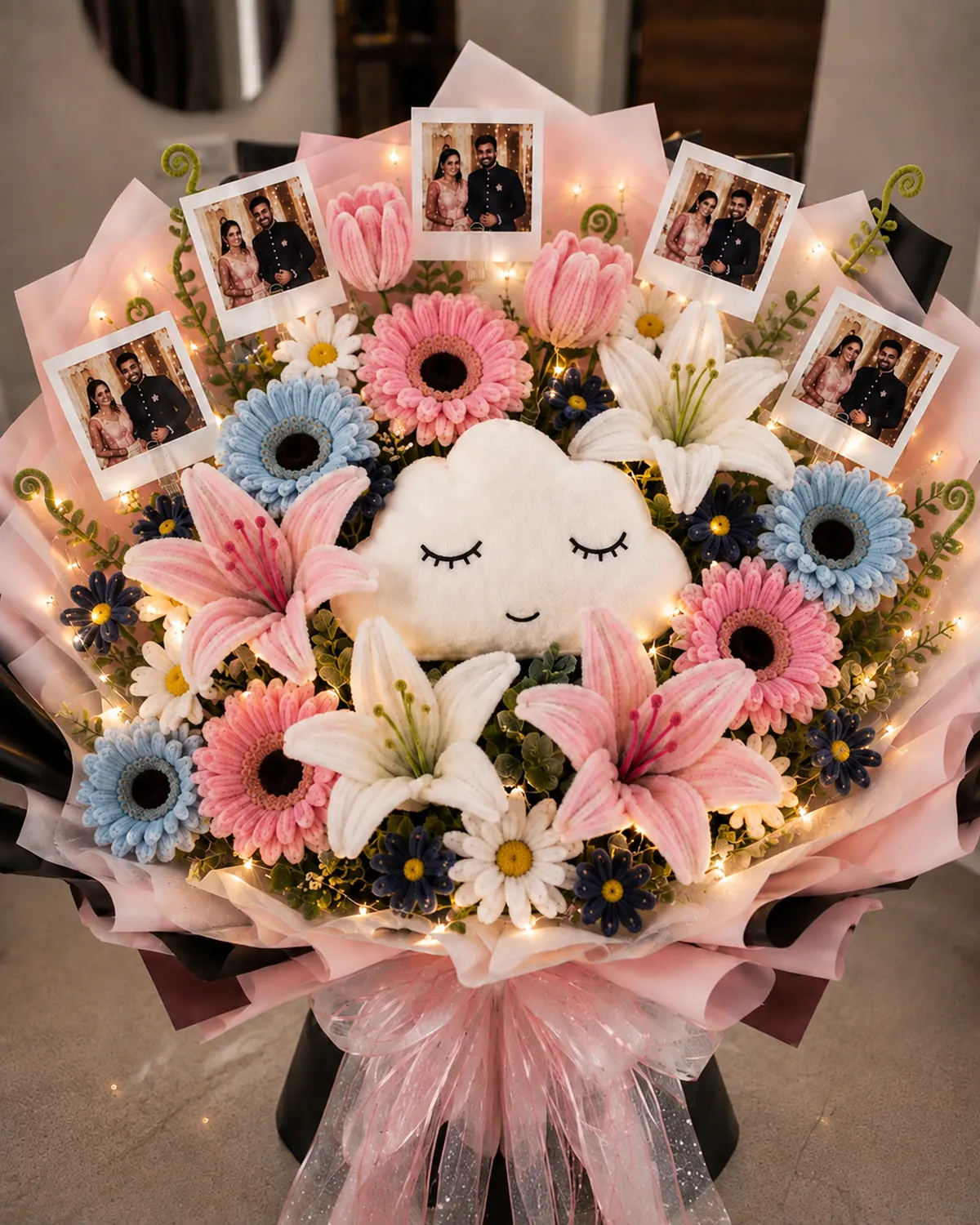 Large handmade pipe-cleaner bouquet — gerberas, lilies, tulips and daisies around a cloud plush, strung with fairy lights